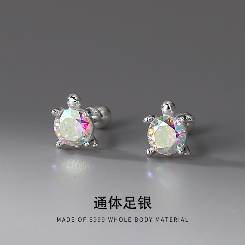 S999純銀迷你小烏龜耳釘女精緻氣質小香耳環螺絲擰扣耳飾銀飾批發