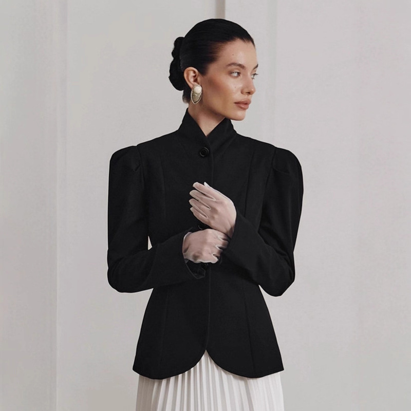 European and American Style Minimalist Black Puff Sleeve Waist-Cinching Blazer for Women, 2026 Winter High-End Stand Collar Jacket Women's Fashion European and American Style Minimalist Black Puff Sleeve Waist-Cinching Blazer for Women, 2026 Winter High-End Stand Collar Jacket Women's Fashion