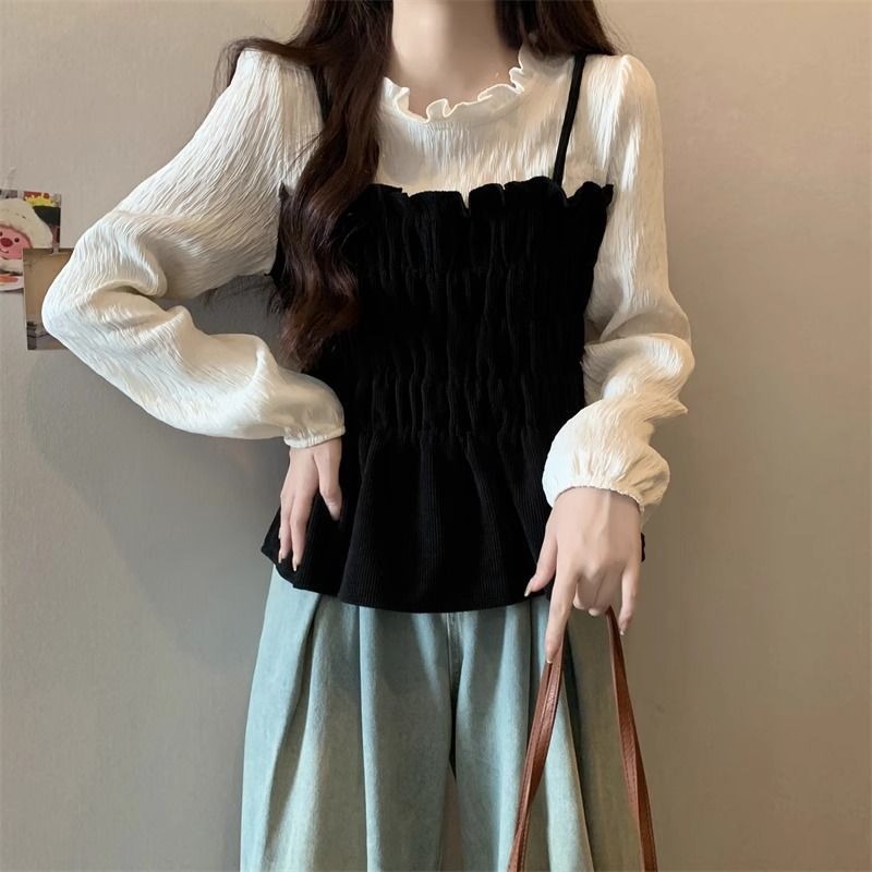 法式小香风长袖衬衫女早秋大码微胖m假两件皱褶上衣洋气卡腰小衫|undefined