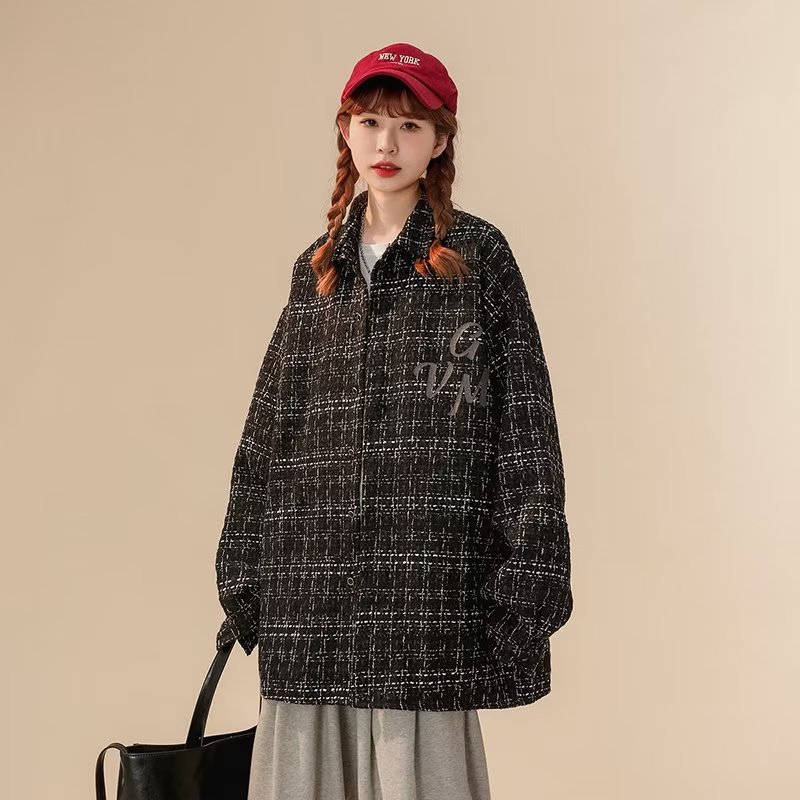 Chaqueta bordada de fragancia pequeña americana AHCN casual de todo fósforo, camisa suelta, blusa de otoño a cuadros tejidos de moda nacional de la calle