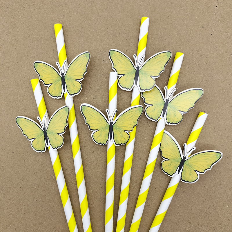 Papel tarjeta mariposa paja de papel desechable degradable paja de papel bar postre fiesta té leche paja decoración