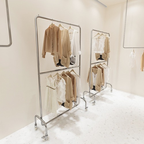 Clothes Rack Women's Clothing Store Floor Clothes Rack Adjustable Display Rack Stainless Steel Double Layer Mobile Display Rack Hanger