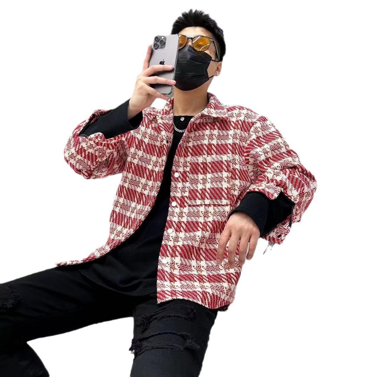 Camisa a cuadros de estilo de Hong Kong para hombres japoneses Tops de principios de otoño Camisa de manga larga de moda para hombres guapos de primavera y otoño