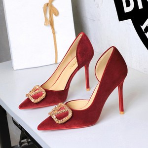9269-K202 European and American style banquet super high heel temperament fine heel gold rhinestone V-button side hollow