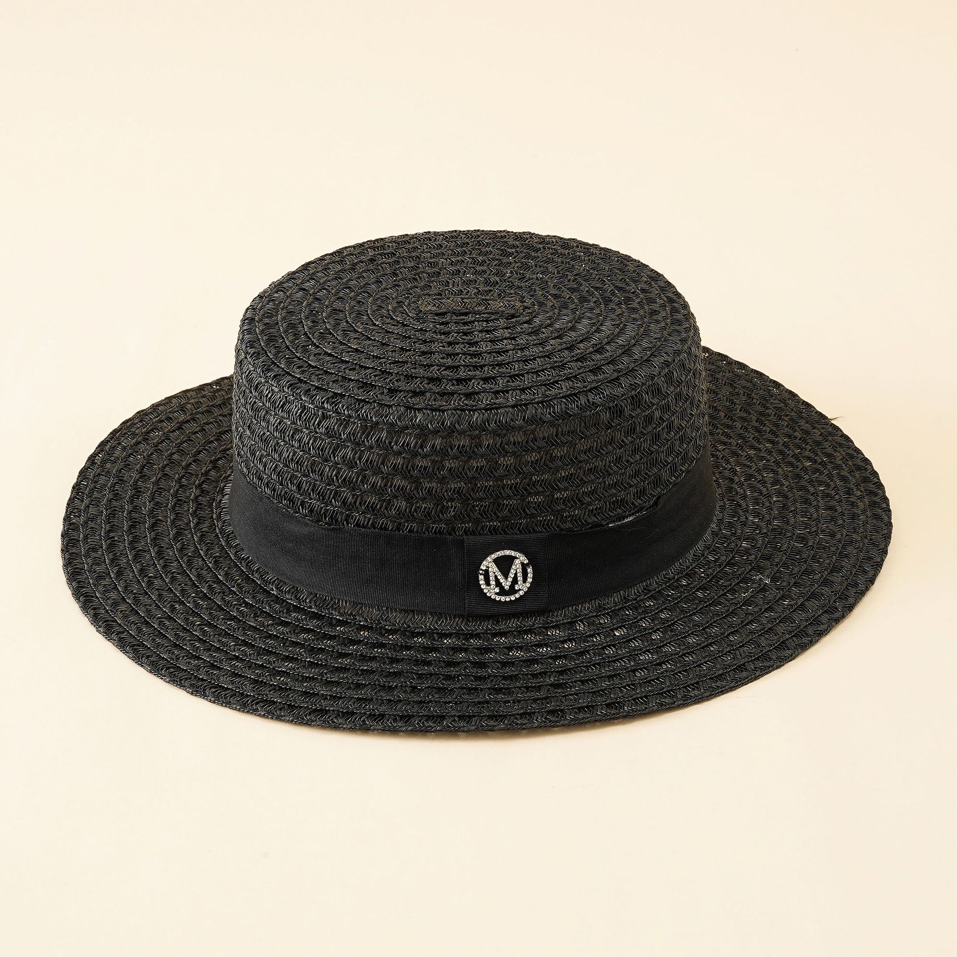 Sombrero de sol femenino blanco y negro sombrero de paja superior plana sombrero de playa vacaciones de verano en el mar británico sombrero de copa protección solar marea de viaje