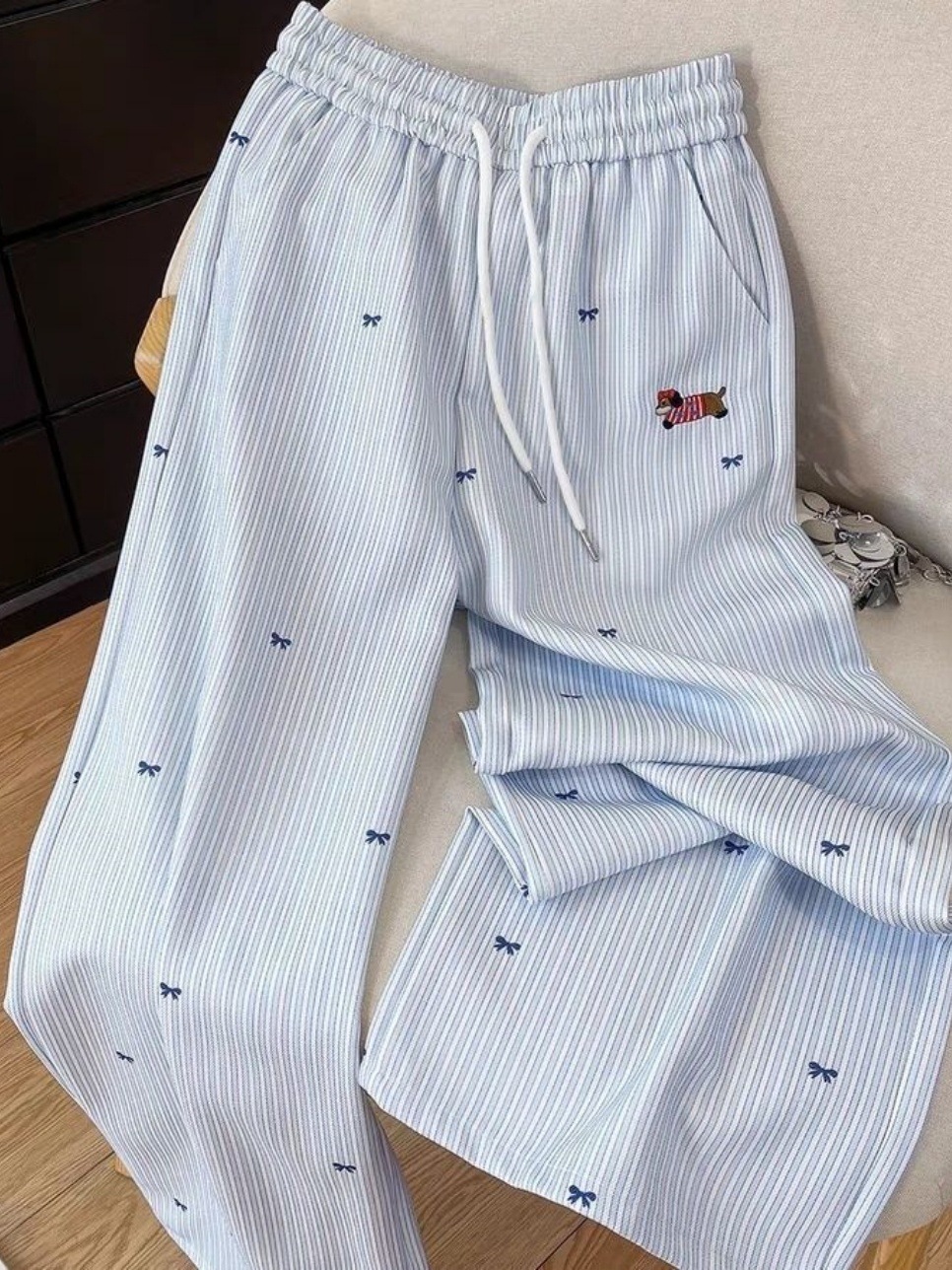 Blue summer trousers, with embroidery, high waist, loose straight fit