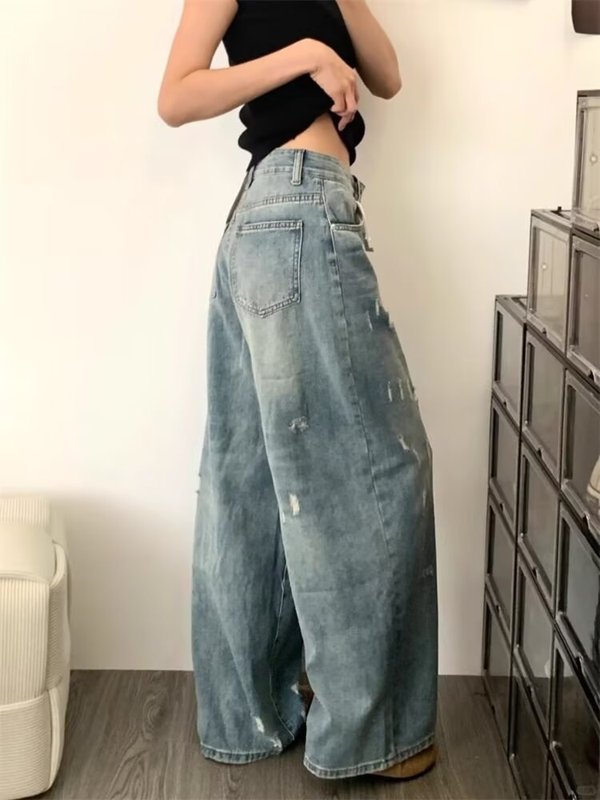 女性用ハイウエストリップドデニムワイドレッグパンツ、プラスサイズ、太いmm、秋のデザイン、ヒップカバー、痩身、ウォッシュドフロアレングスストレートパンツ|undefined