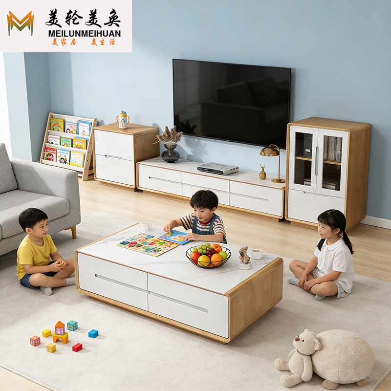 Slate Solid Wood Floor-Standing Tv Cabinet Coffee Table Combination Nordic Tv Cabinet Modern Minimalist Living Room Light Luxury Floor