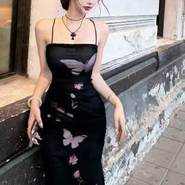 蝴蝶印花吊带连衣裙女夏季新款性感纯欲鱼尾裙子收腰包臀长裙外贸