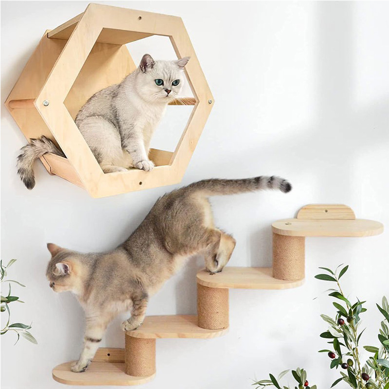 Marco de escalada de madera para gatos en la pared, trampolín para gatos montado en la pared, nido de gatos, cuerda de sisal de madera maciza integrada, lugar de decoración de la sala de estar