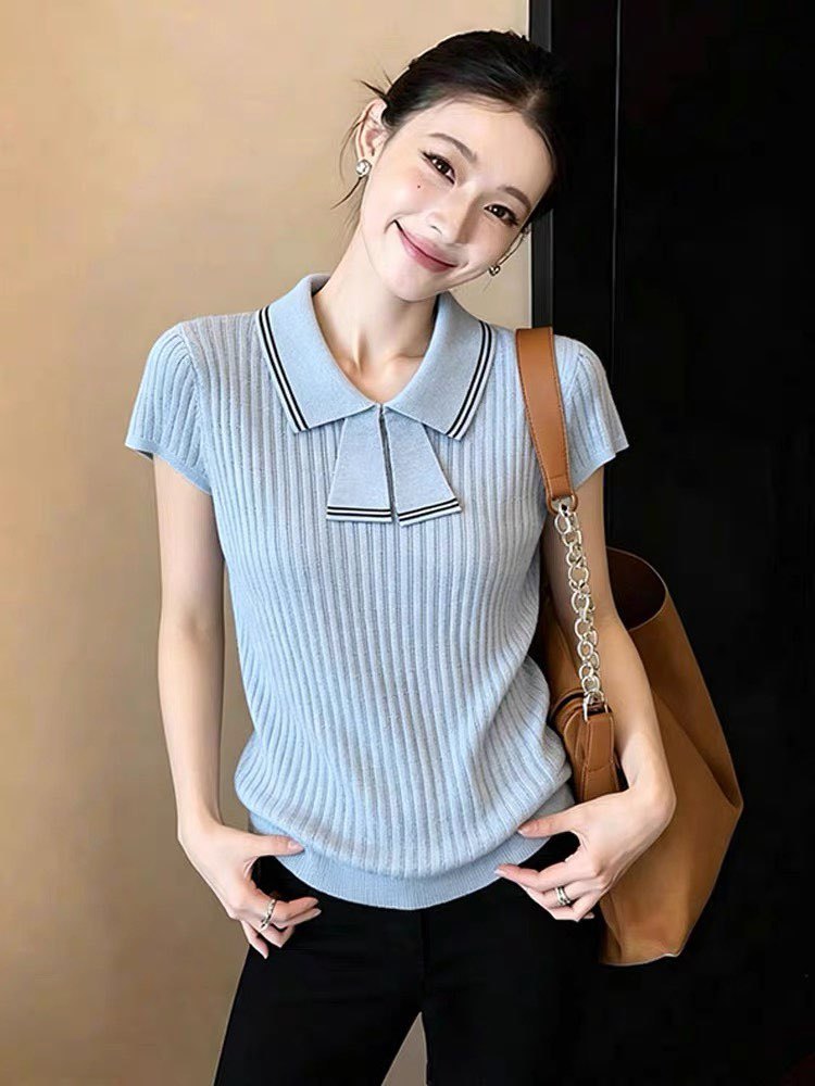Áo thun nữ tay ngắn cổ bẻ nơ lụa, chất liệu sợi mát mùa hè — xanh lam