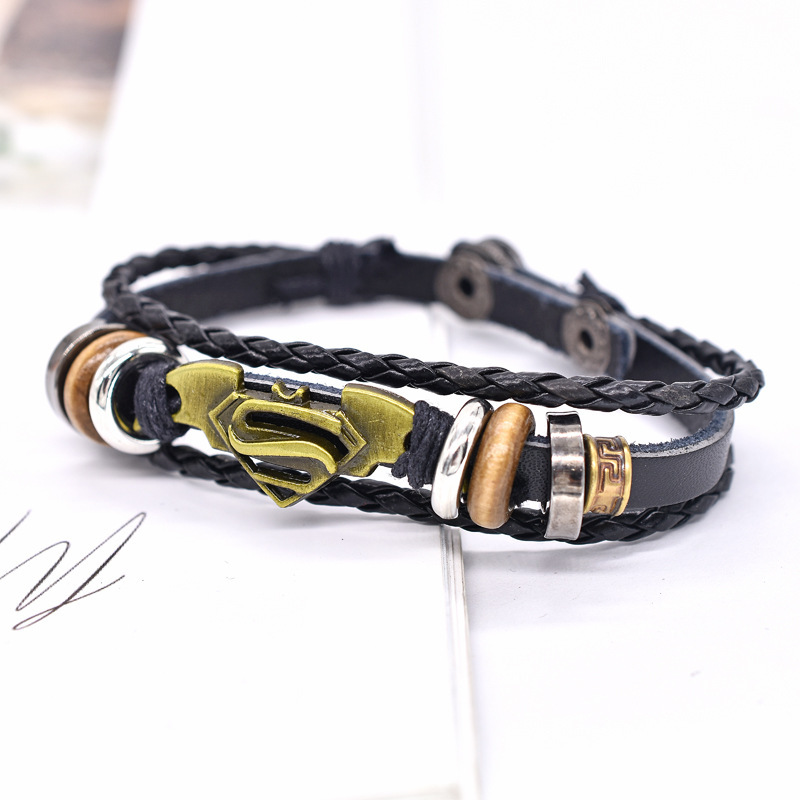 European and American Retro Justice League Superman Leather Bracelet Batman Zinc Alloy Four Buckle Wax Woven Bracelet
