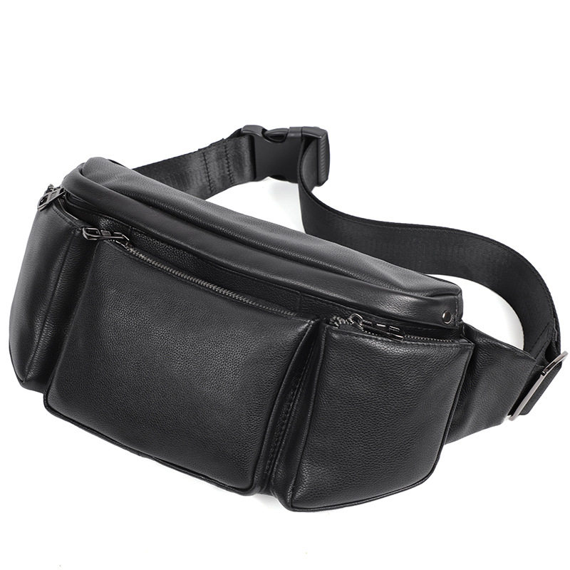 Túi đeo chéo nam da bò lớp đầu tiên, túi đeo ngực dung tích lớn chống trộm 17×7×13 cm — Màu đen