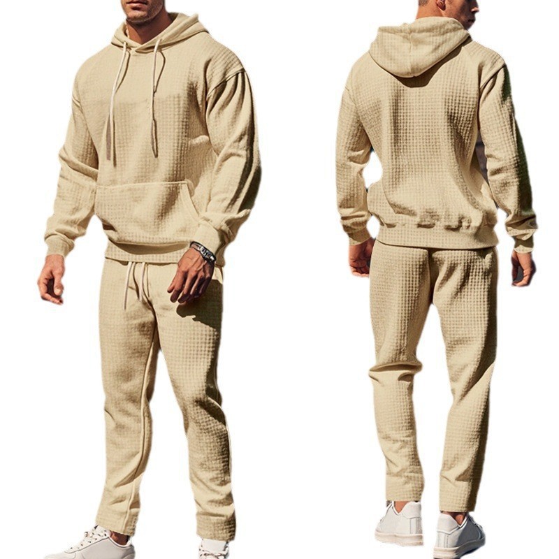 Men's Clothing heavy jacquard small square long sleeved trousers hooded suit _voghion.com