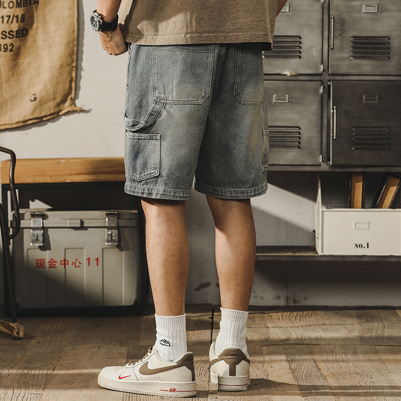Jay Leno American-style Denim Shorts Men's Summer Ins Loose Retro Logging Double Knee Tooling Men's Trendy Pants