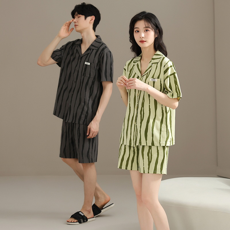 [Antibacteriano] Pijamas de pareja, cardigan fino de algodón de verano, solapa, pantalones cortos de manga corta, trajes coreanos para hombres y mujeres, servicio a domicilio