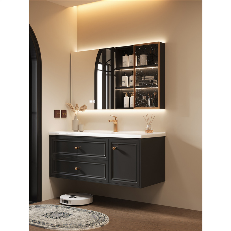 French-style vintage black rubberwood painted bathroom cabinet with integrated ceramic washbasin French-style vintage black rubberwood painted bathroom cabinet with integrated ceramic washbasin