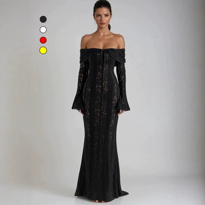 European and American Cross-Border Lace Cut Out One-Shoulder Trumpet Sleeve Hip-Hugging Dress Elegant and Sexy Tube Top Waist Evening Dress European and American Cross-Border Lace Cut Out One-Shoulder Trumpet Sleeve Hip-Hugging Dress Elegant and Sexy Tube Top Waist Evening Dress