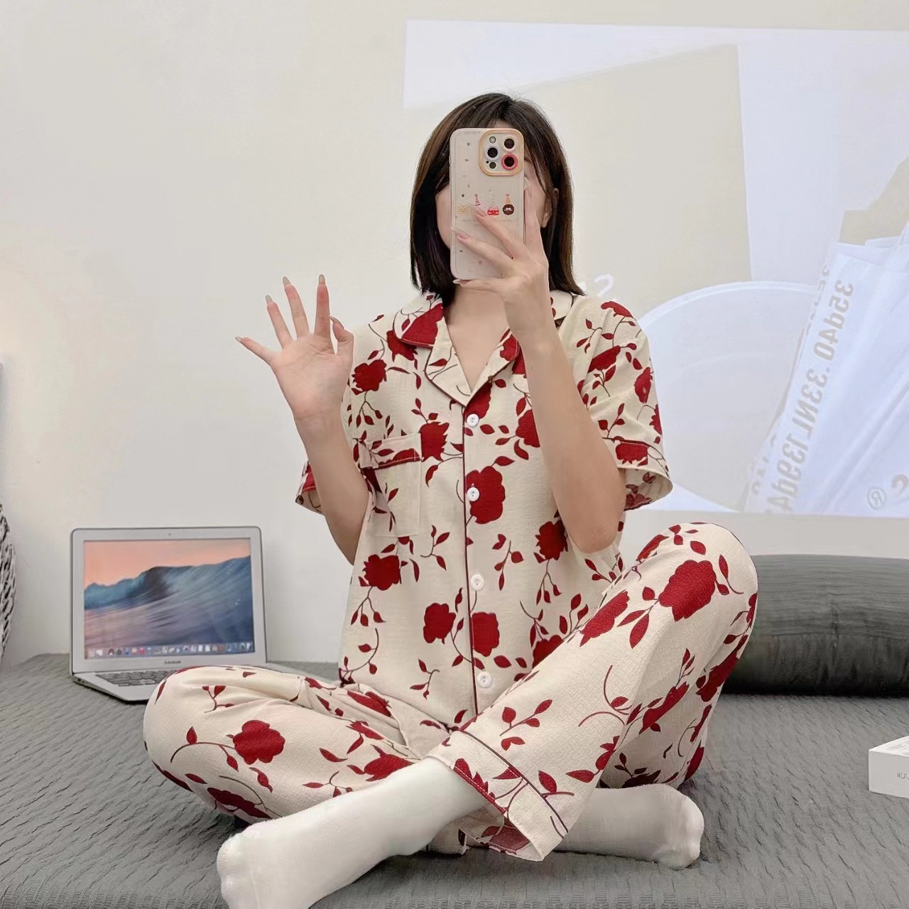 Pajamas de espuma tejidos de verano de algodón pantalones largos de mangas cortas ropa para el hogar de verano delgada de algodón conjunto de dos piezas