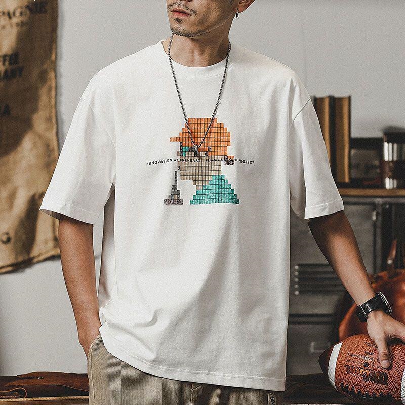 Men's Japanese-Style Heavyweight 200g Short-Sleeve T-Shirt, New Summer Style, Casual Boyfriend Outfit Set with Cat Print Top