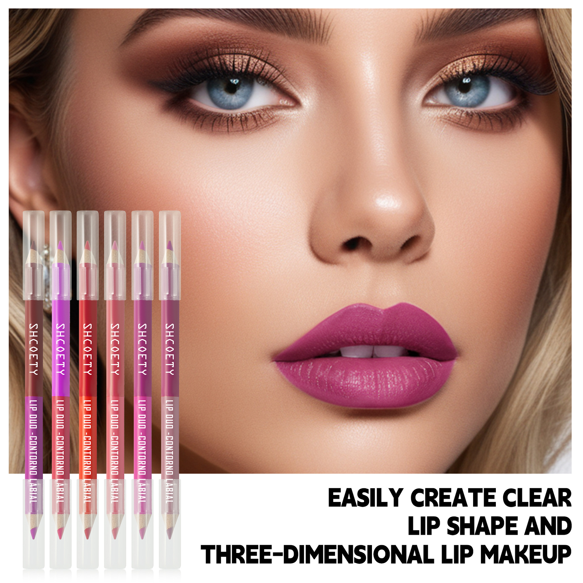 SHCOETY Cross-border double-headed dual-color wooden lip liner pen matte, long-lasting, easy to color, non-stick to cups, outlining pen makeup undefined