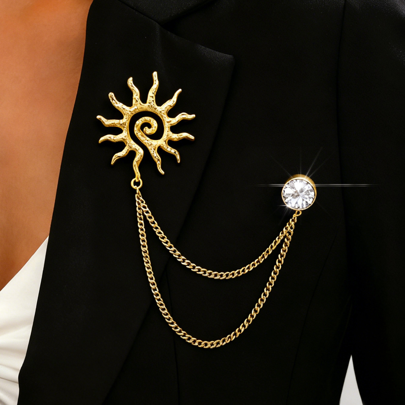 European American Cross-border Fashion Hollow Sun Rhinestone Brooch, Light Luxury, Simple And High-end, Double-layer_voghion.com