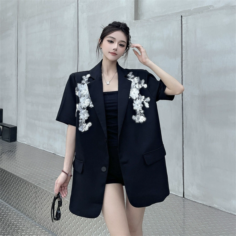 Настоящий дизайн, вышитый блестками, летний корейский стиль, свободный повседневный темпераментный пиджак с короткими рукавами, топ