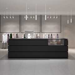 シンプルモダンな婦人服店衣料品店バーレジディスプレイキャビネット一体型フロント受付中島カウンター