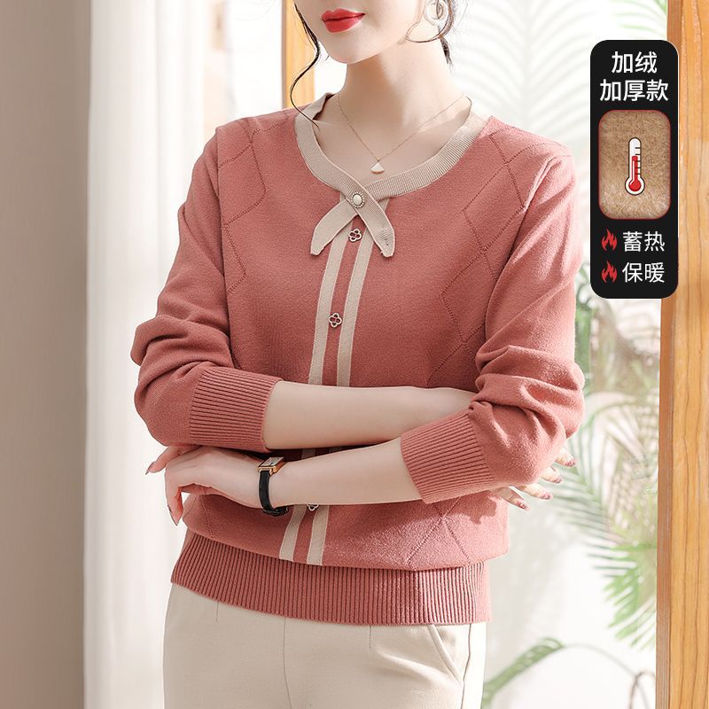 年轻妈妈气质针织衫中年妇女秋冬内搭加绒毛衣中老年秋装打底上衣