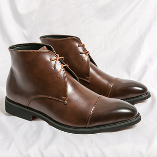 Cross-border plus size High-top Pointed Men's Boots Spring and Autumn Lacquer Business Dress British Fashion Lace-up High-top Leather Boots