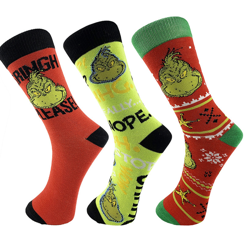Boxed New European and American Cartoon Grinch Men's Fashionable Socks Personalized Couple Fashionable Socks Factory Direct Supply