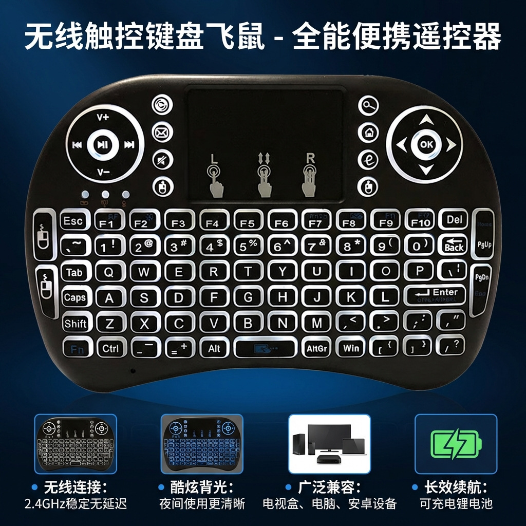 迷你无线键盘2.4G飞鼠键鼠i8干电锂电三色背光跑马灯光背光键盘|ru