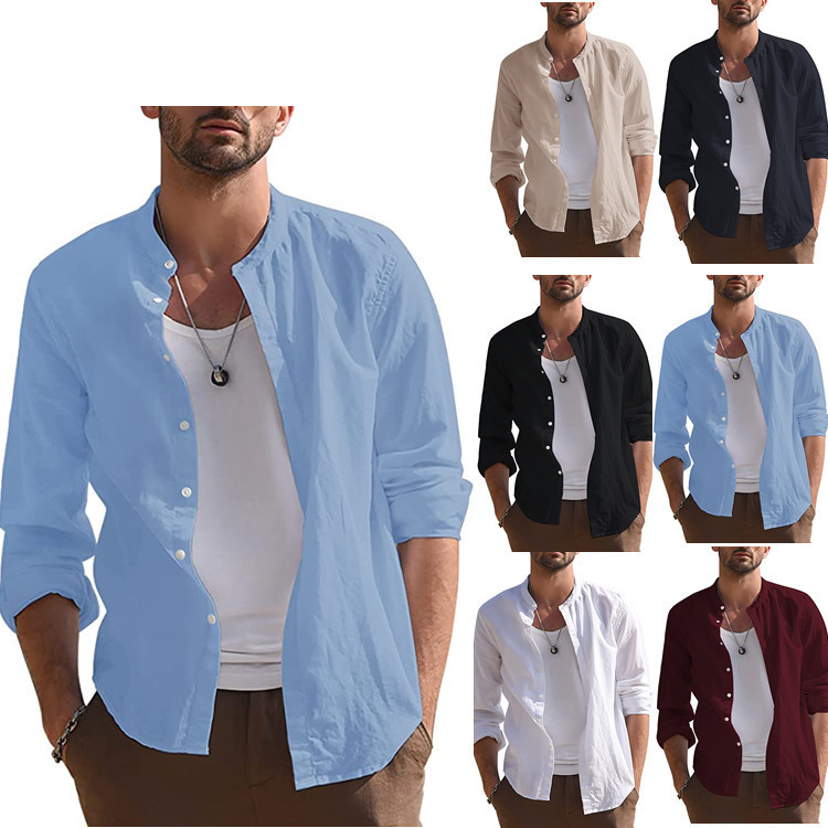 2023 AliExpress Men's Solid Color Retro Casual Loose Cotton Shirt Long Sleeve Led Henry Shirt Top