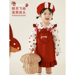 Wulibu Yi girls cartoon shirt cute all-over printed strawberry suit children's new autumn love suspender skirt