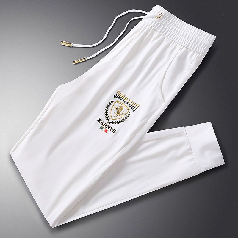 White embroidered casual summer thin trendy ice silk for men's Harun 9-point sports pants_voghion.com