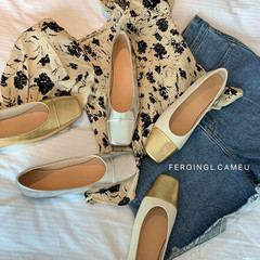 韓版小金鞋女方頭裡外全皮 春夏新款 拼色平底鞋女淺口低幫單鞋潮