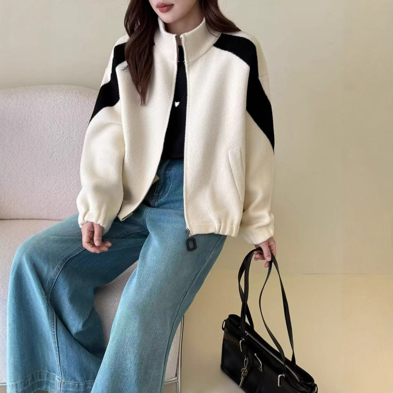 Contrast Color Korean Stand-Up Collar Knitted Woolen Jacket Cardigan for Women 2025 Autumn and Winter New Loose Casual Sweater Jacket Trendy Contrast Color Korean Stand-Up Collar Knitted Woolen Jacket Cardigan for Women 2025 Autumn and Winter New Loose Casual Sweater Jacket Trendy