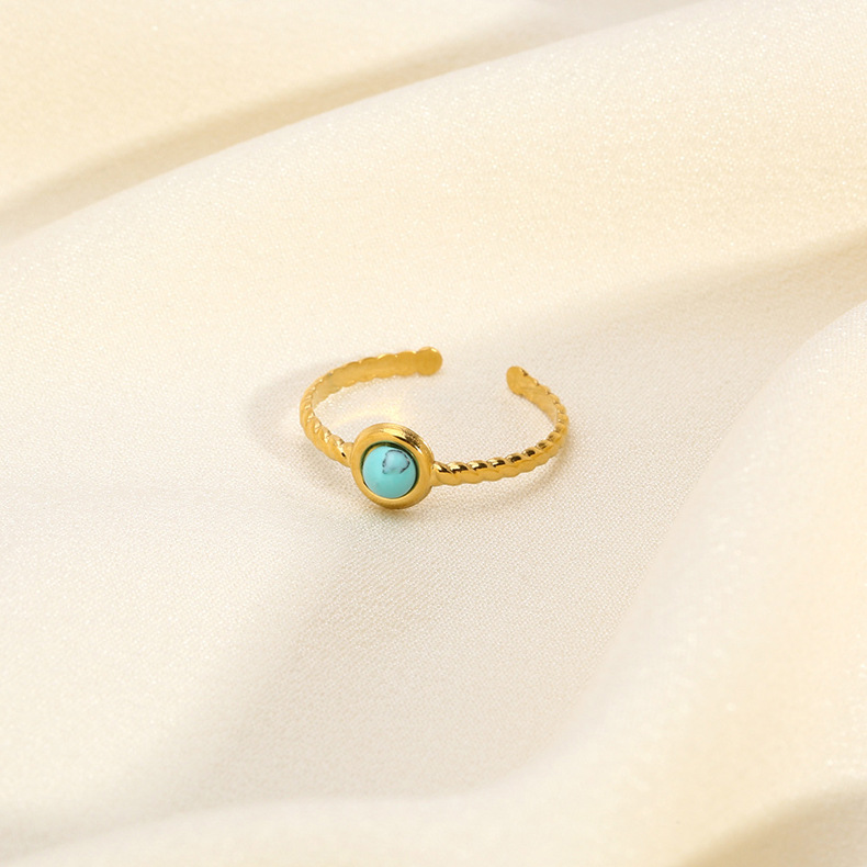 304 Stainless Steel 18K Gold Plated Retro Plating Inlay Water Droplets Turquoise Open Rings display picture 2