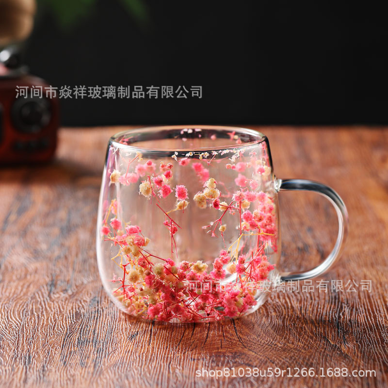 跨境真干花双层玻璃杯创意高硼硅耐热水杯子网红牛奶咖啡杯茶杯|undefined