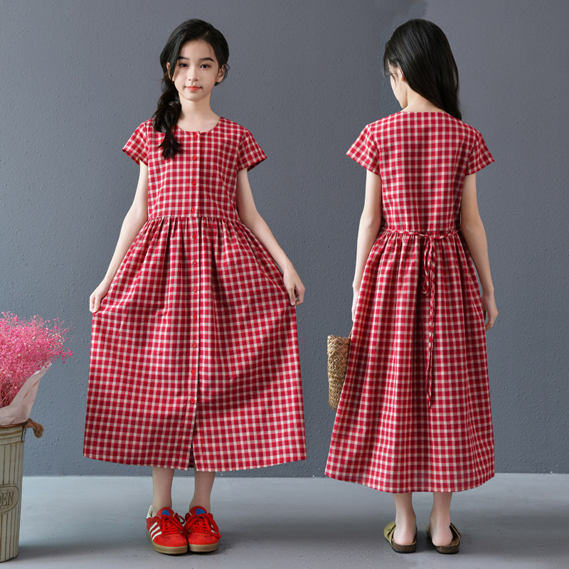 Falda de niña de estilo de vacaciones de bolsillo nuevo vestido a cuadros rojo de temperamento de longitud media falda de swing grande de manga corta de verano