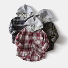 2025秋季新款男童长袖衬衫批发儿童连帽格子衬衣宝宝时尚新款代发