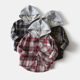 2025 Autumn New Boys Long Sleeve Shirts Wholesale Children's Hooded Plaid Shirts Baby Fashion New Dropshipping