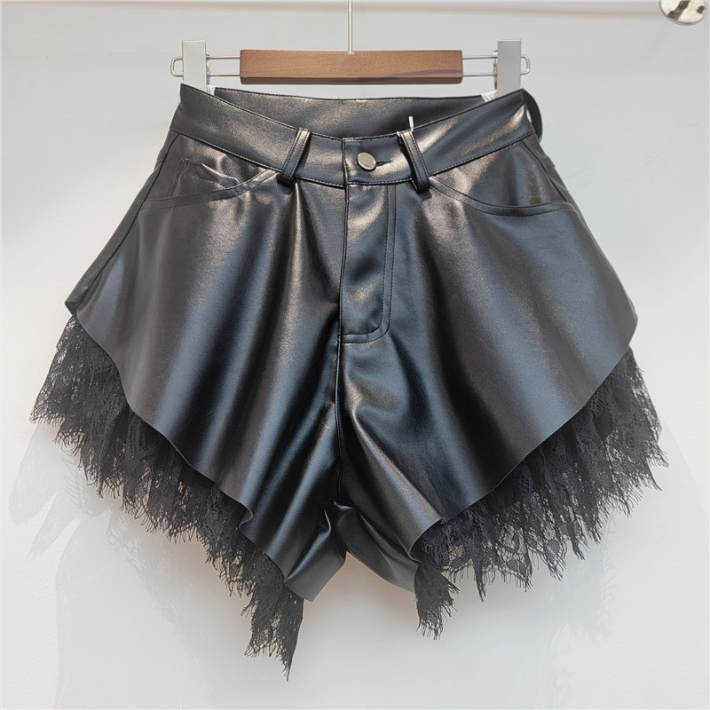 Pantalones Cortos de Cuero PU para Mujer de Talle Alto con Encaje
