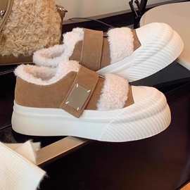 牛皮版葡萄妈秋冬季厚底毛毛鞋魔术贴加绒保暖休闲饼干鞋女小白鞋