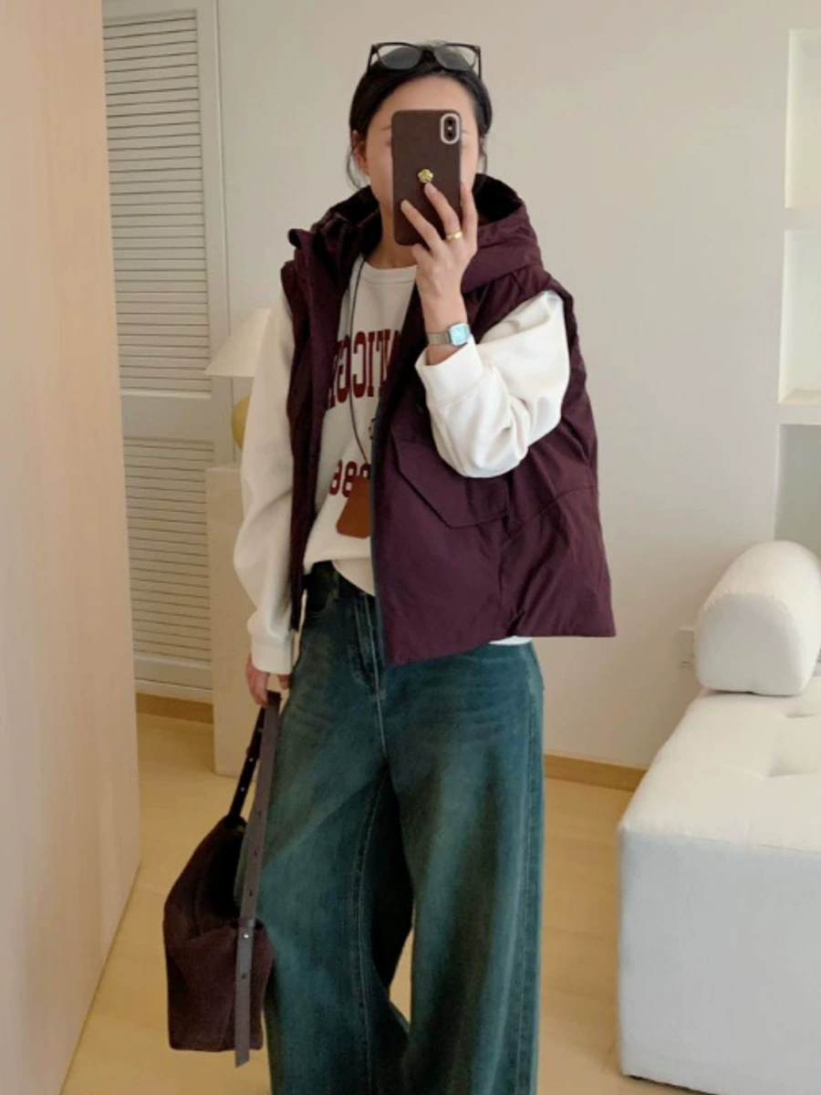 Velvet elite vest with down, demi-season fashionable travel jacket with hood, duck down