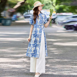 新中式国风改良旗袍上衣两件套女2025夏季新款轻奢减龄阔腿裤套装