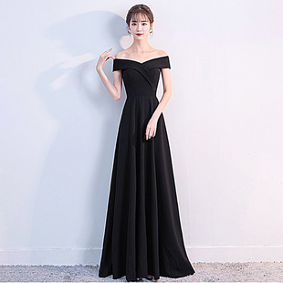 Evening dress women's high-end elegant simple high-end socialite banquet off-shoulder slimming floor-falling long dress