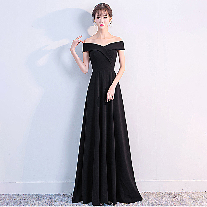 Evening dress women's high-end elegant simple high-end socialite banquet off-shoulder slimming floor-falling long dress