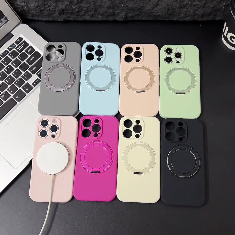 Suitable for iPhone 17 Pro Liquid Silicone 360-Degree Rotating Magnetic Stand Phone Case Apple 16 Anti-Drop Protective Cover