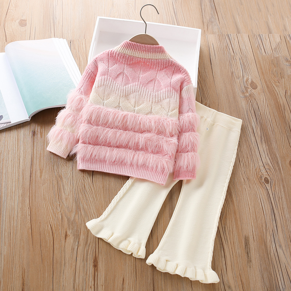 Conjunto de jersey de lana para niñas otoño-invierno 2024, dos piezas – estilo coreano y occidental.
